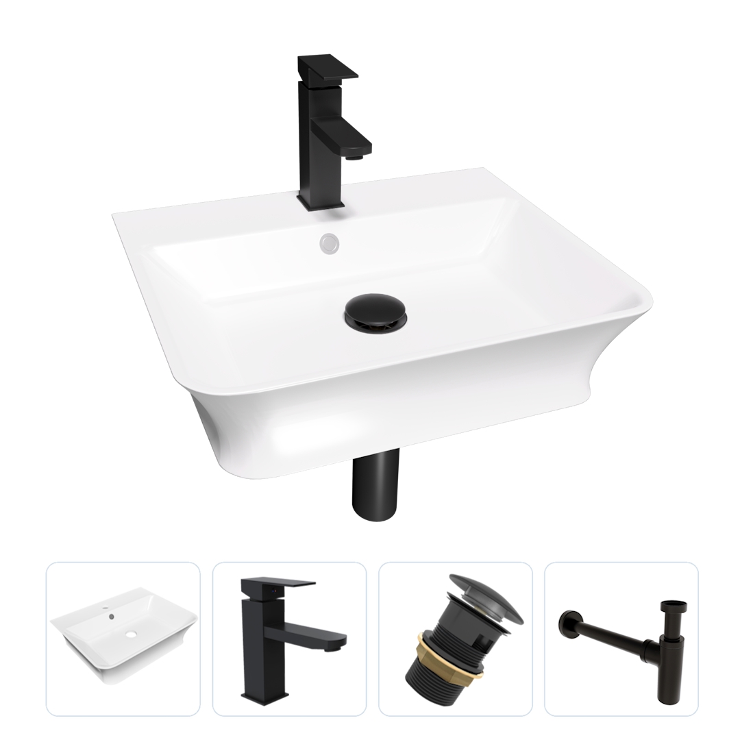 Изображение товара Комплект Teymi 4 в 1: раковина Aina 49 смеситель Helmi Pro, черный матовый донный клапан с переливом сифон F13129