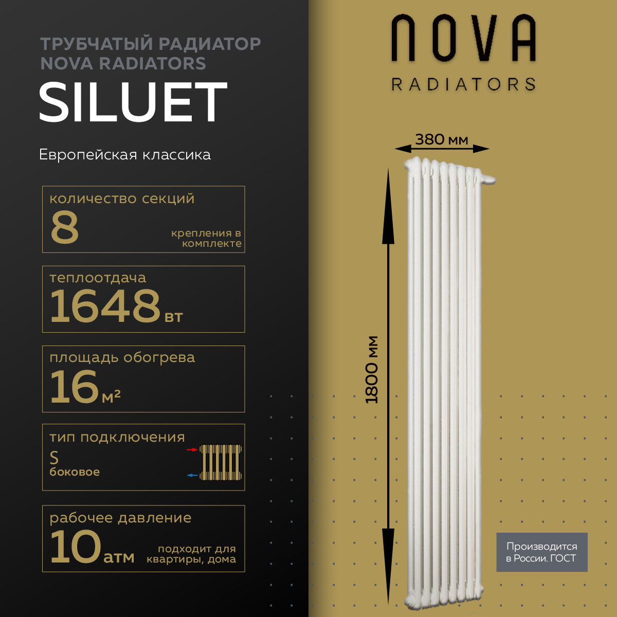 Изображение товара Вертикальный трубчатый радиатор отопления Nova Siluet 1800 8 секций белый матовый