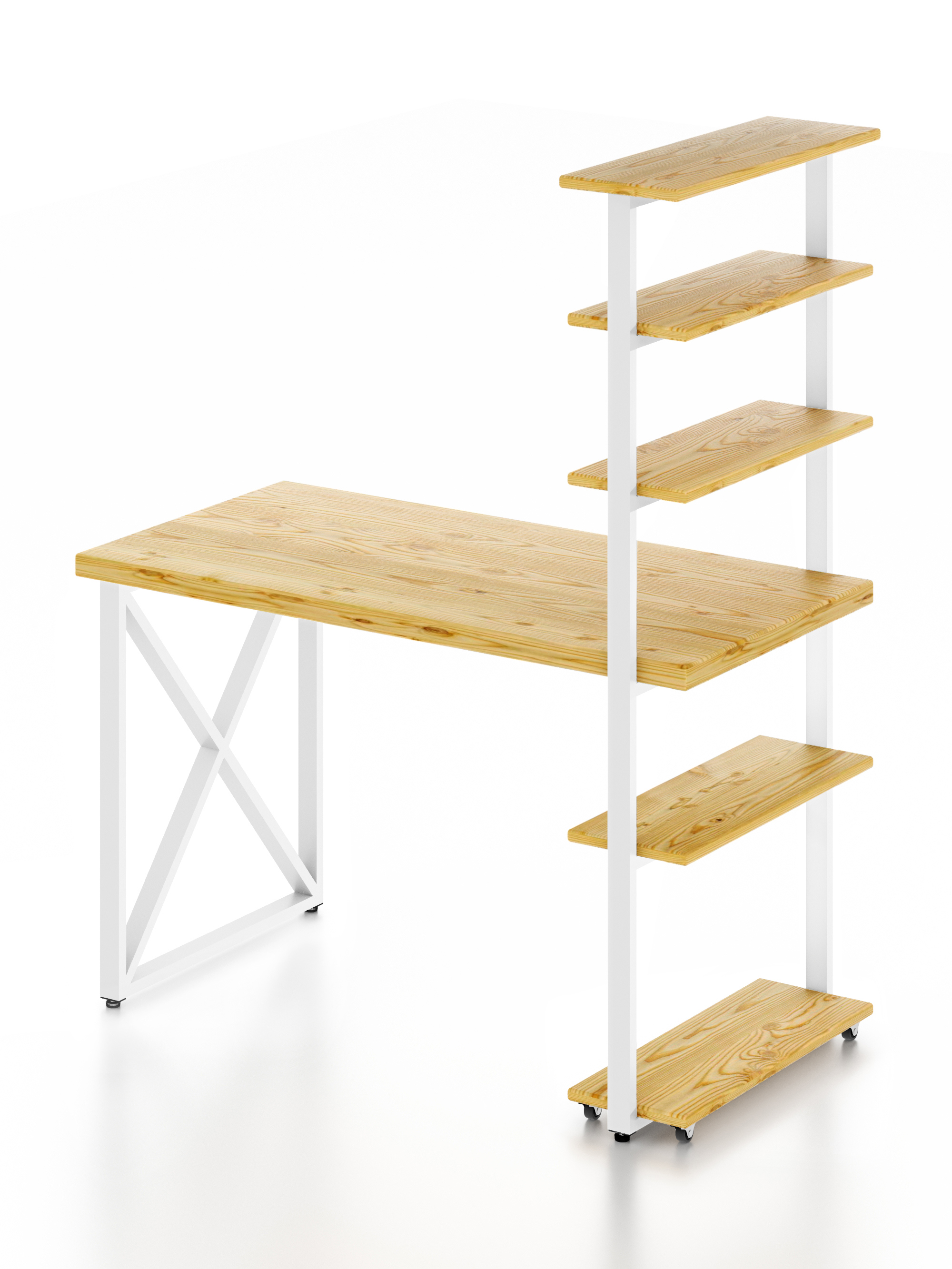 Изображение товара Стол Solarius loft с 5 полками столешница без шлифовки и покрытия 60x145x90 см белые металлические крестообразные ножки сосна цвет некрашеный