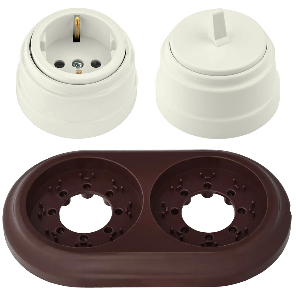 Изображение товара Розетка с выключателем и рамкой 2 поста накладные Bylectrica Ретро РА16-0202 А110-2203 ЮЛИГ.735212.471 с заземлением цвет шоколад/бежевый