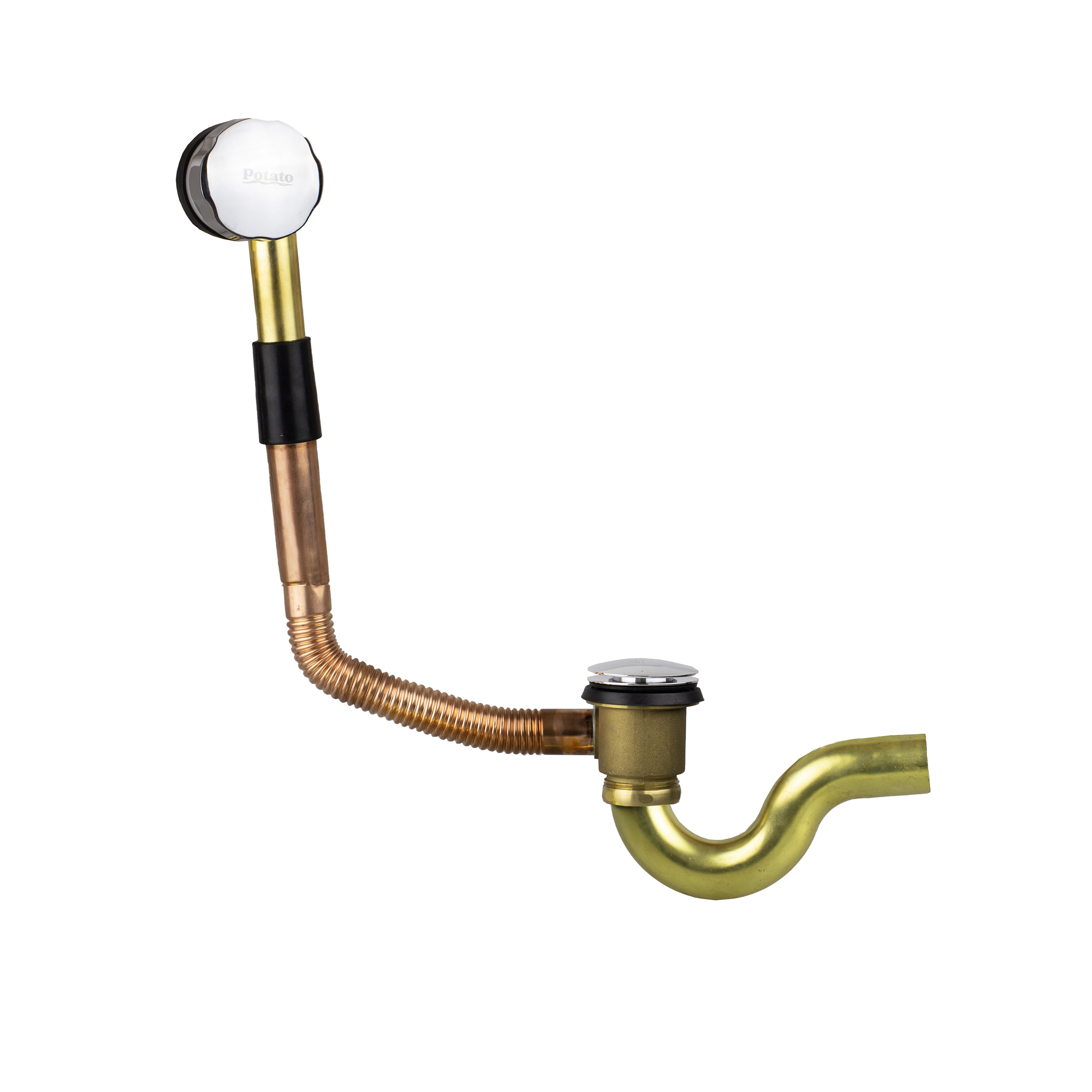 Изображение товара Сифон для ванны Potato D50 мм латунный хром и желтый механизм клик-клак