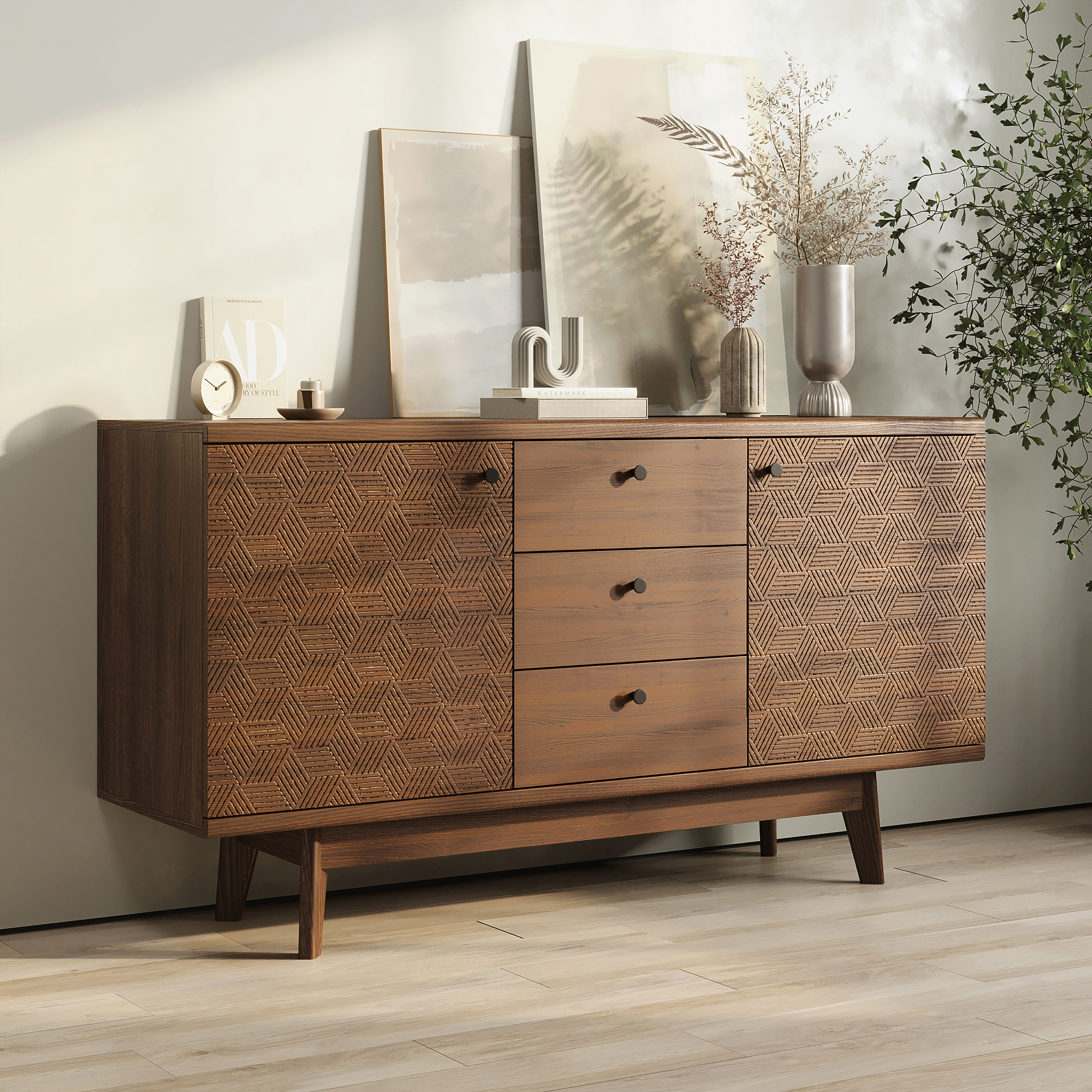 Изображение товара Комод Puzzlemebel Соты 3 ящика 142.2x40x82.5 см ЛДСП цвет коричневый