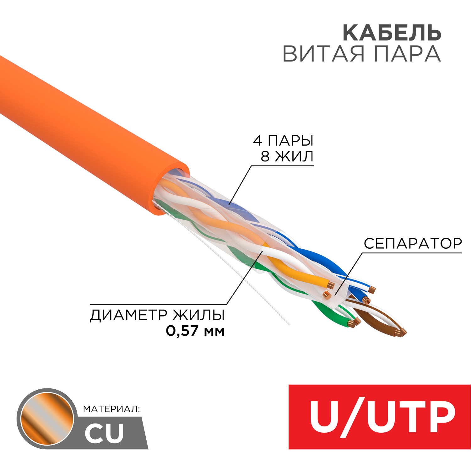 Изображение товара Кабель витая пара Rexant U/UTP CAT 6 ZH нг(А)-HF 4PR 23AWG indoor solid оранжевый 305 м