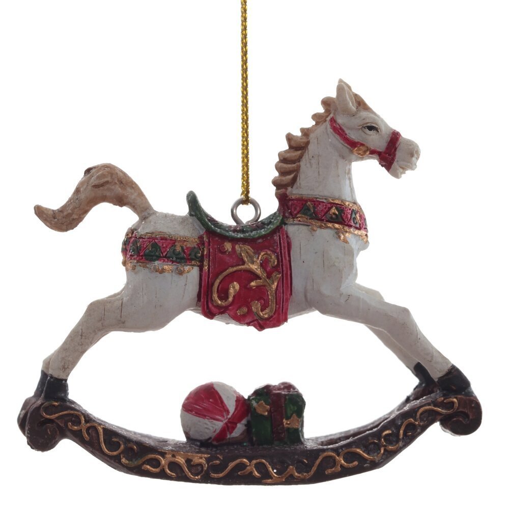Изображение товара Елочная игрушка лошадка-качалка красная золотые вензели 7.5 см
