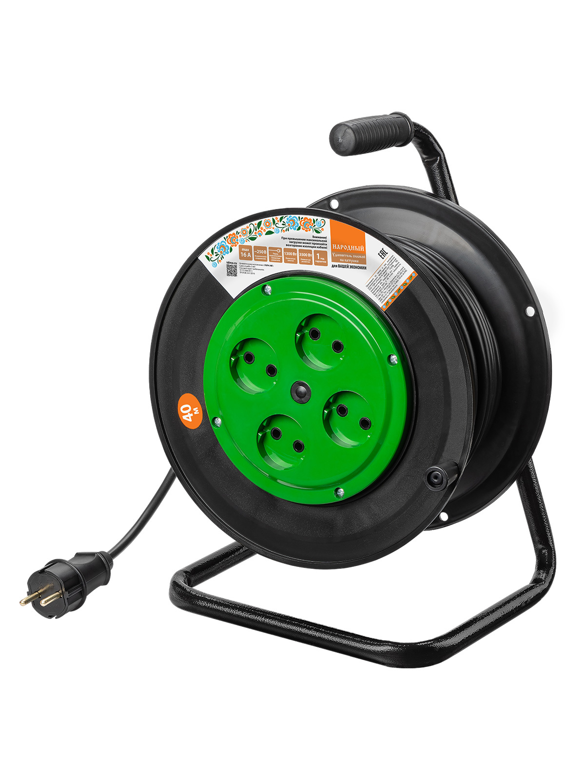 Изображение товара Удлинитель на катушке Tdm electric SQ1307-0534 ПВС 2x1.5 40 м 4 розетки 3500 Вт без заземления IP20 цвет черный