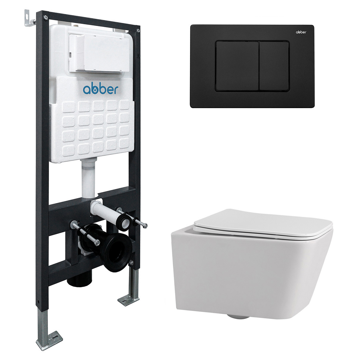 Изображение товара Комплект подвесной унитаз Abber Rechteck AC1201 белый с инсталляцией AC0105 и кнопкой AC0120MB черный матовый