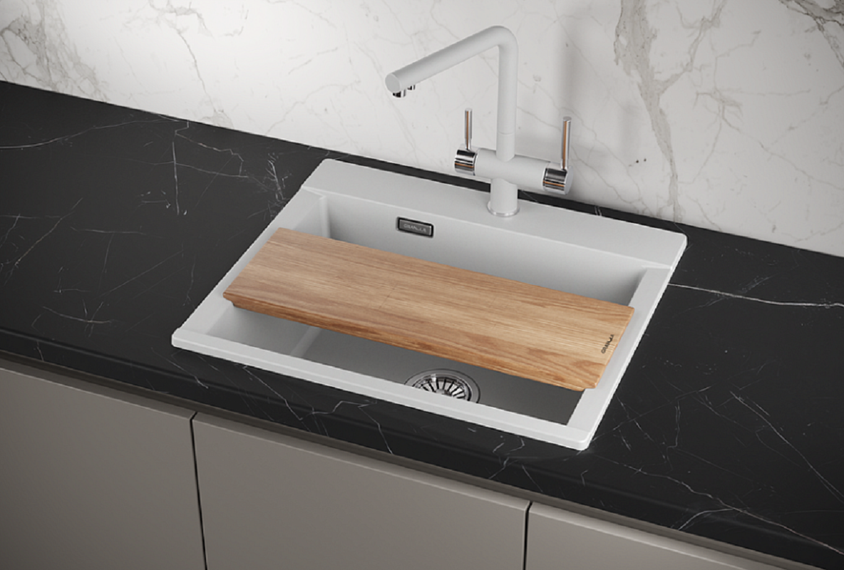 Изображение товара Накладная кварцевая мойка Granula ES-5804 50x58 см белая + разделочная доска