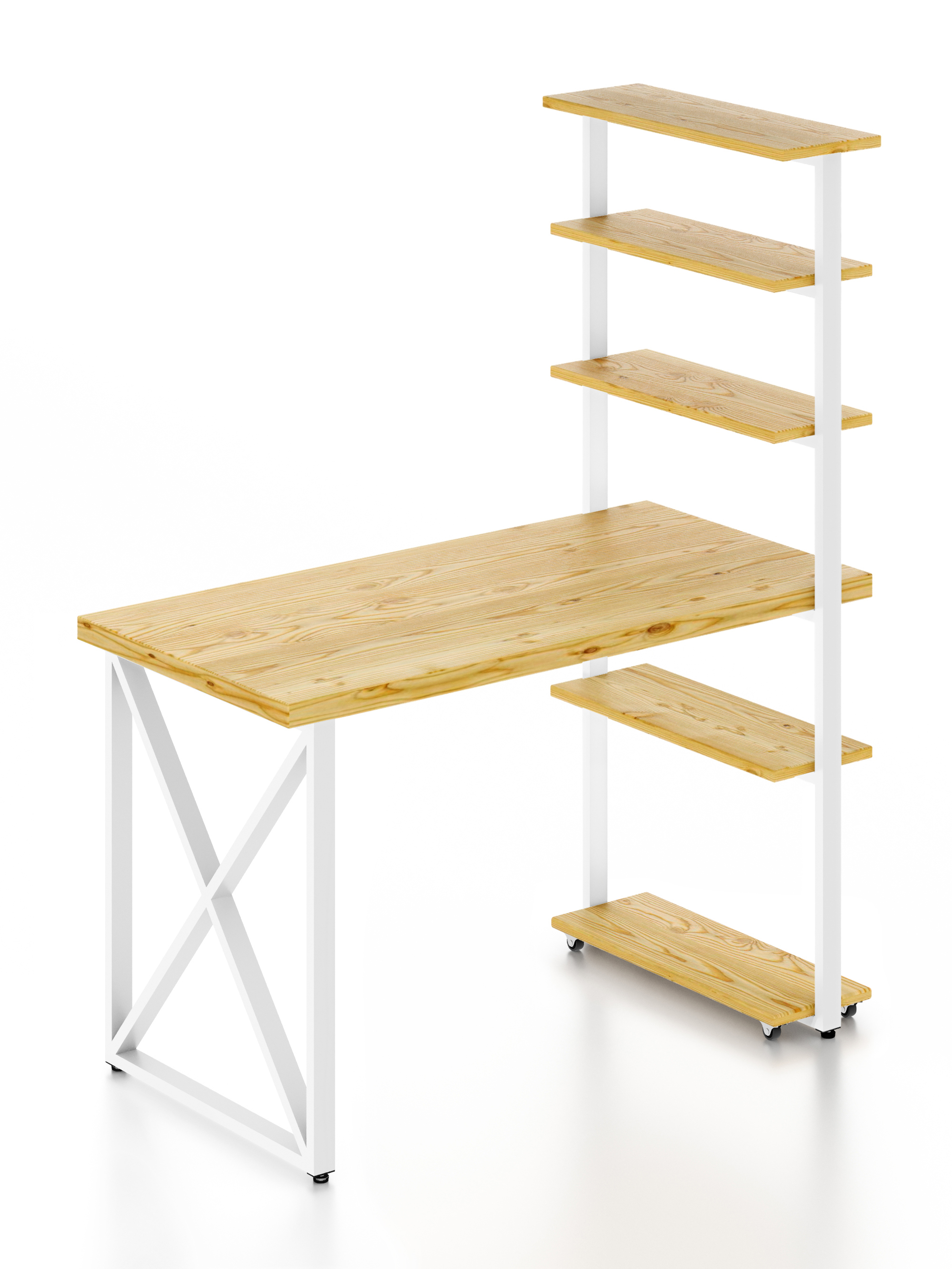 Изображение товара Стол Solarius loft с 5 полками столешница без шлифовки и покрытия 80x145x90 см белые металлические крестообразные ножки сосна цвет некрашеный