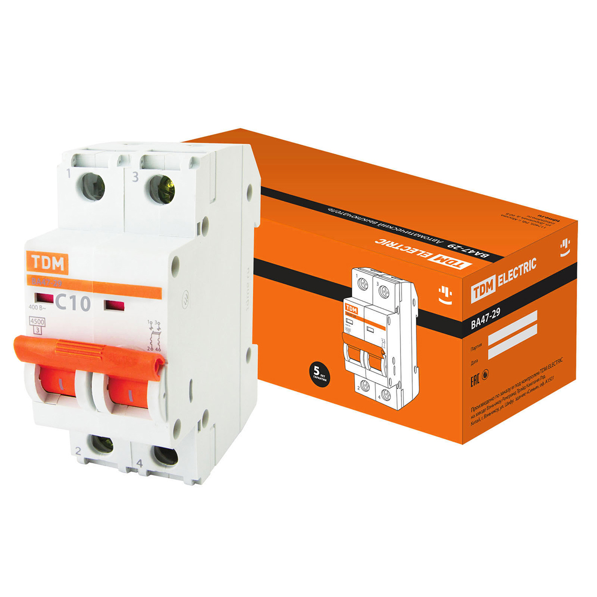 Изображение товара Автоматический выключатель TDM Electric SQ0206-0091 2P 10А 4.5кА защита цепи