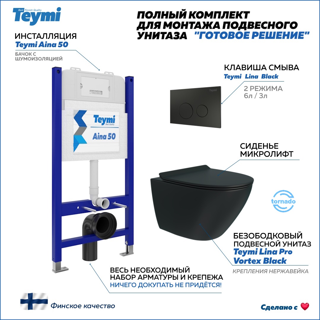 Изображение товара Инсталляция с унитазом 5 в 1 TEYMI F14988 для подвесных унитазов черный комплект