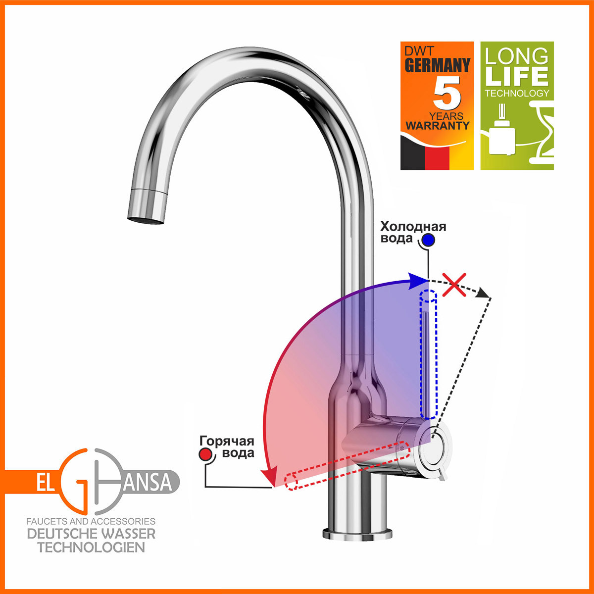 Изображение товара Смеситель для кухни Elghansa 56B2013 поворотный излив 22 см цвет хром, хромированный, серый/серебристый, хромированный блестящий, серебристый металлик