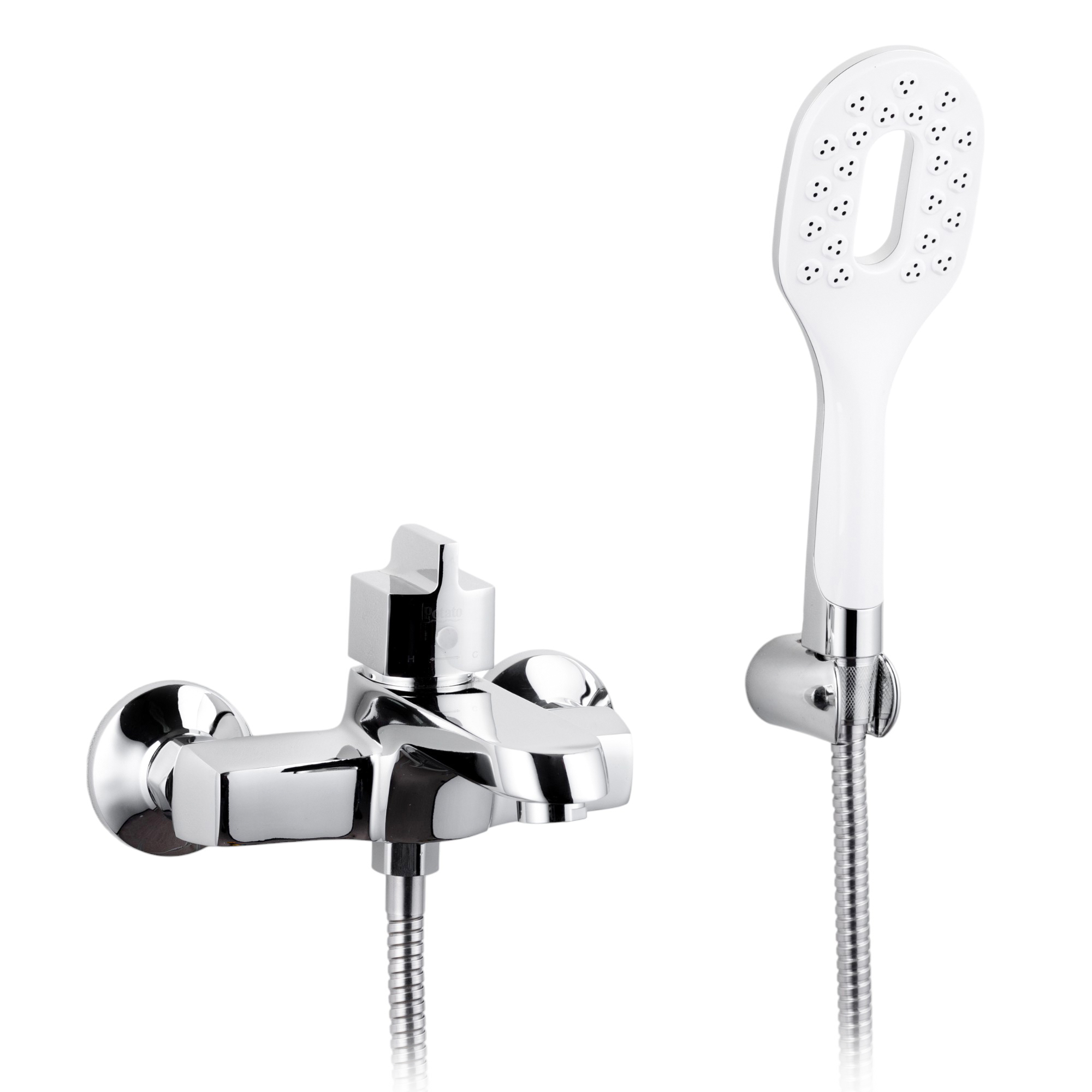 Изображение товара Смеситель для ванны Potato P30239 двухвентильный с душевой лейкой цвет хром, белый