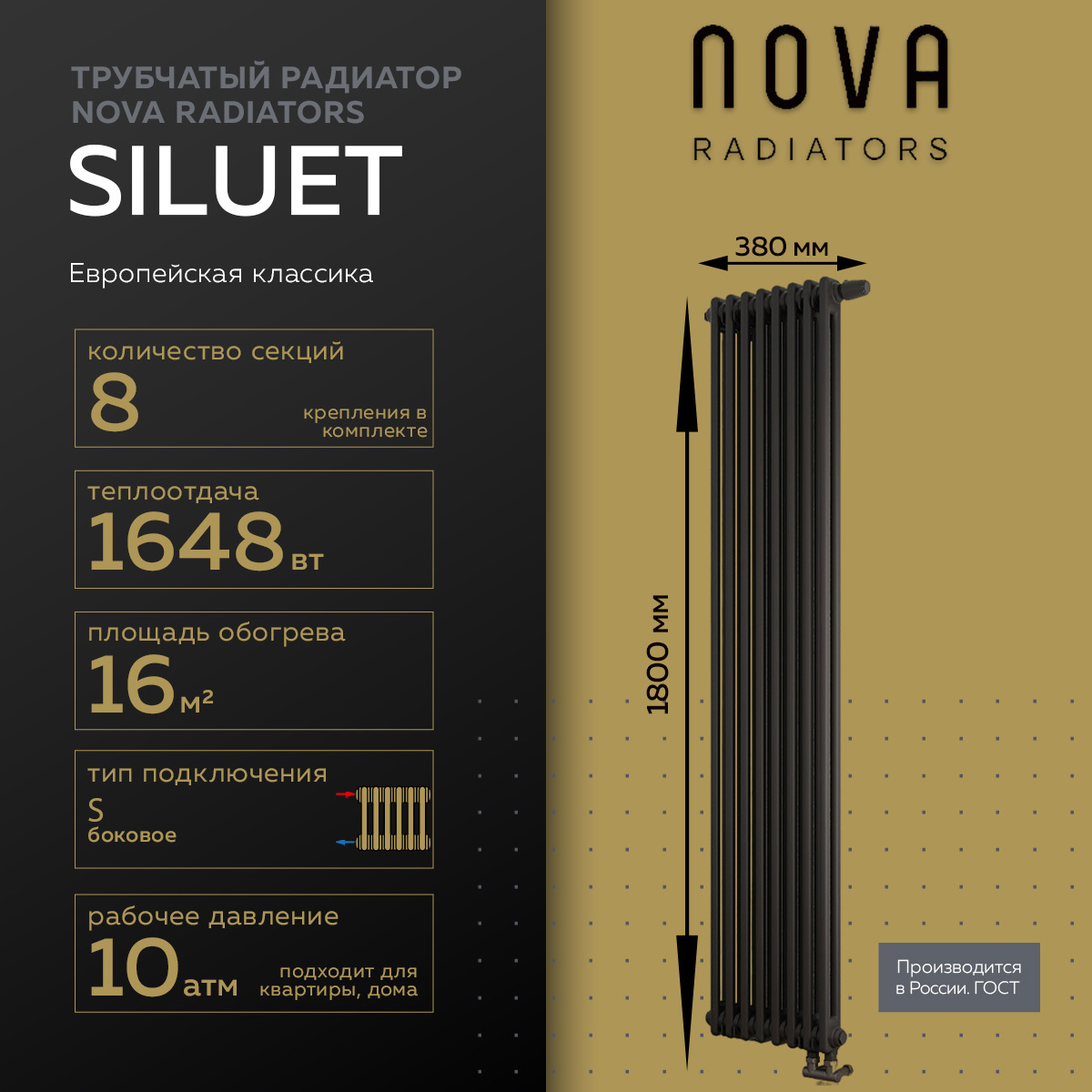 Изображение товара Трубчатый радиатор Nova Siluet NS-T2-S 1725/70 8 секций вертикальный стальной черный матовый