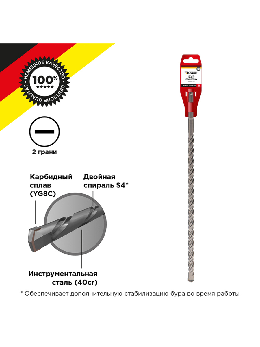 Изображение товара Бур по бетону Kranz 16x1000 мм SDS Plus для сверления гранита и камня
