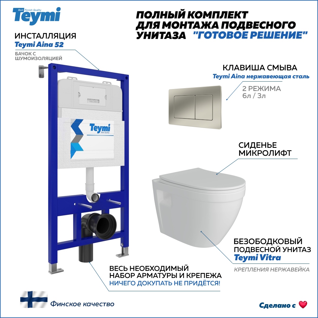 Изображение товара Инсталляция с унитазом Teymi F13363 комплект 5 в 1 подвесной безободковый
