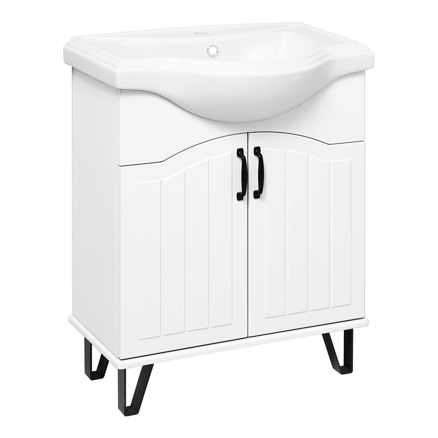 Изображение товара Тумба под раковину Runo Марсель 65 см белая напольная с ящиками и полками