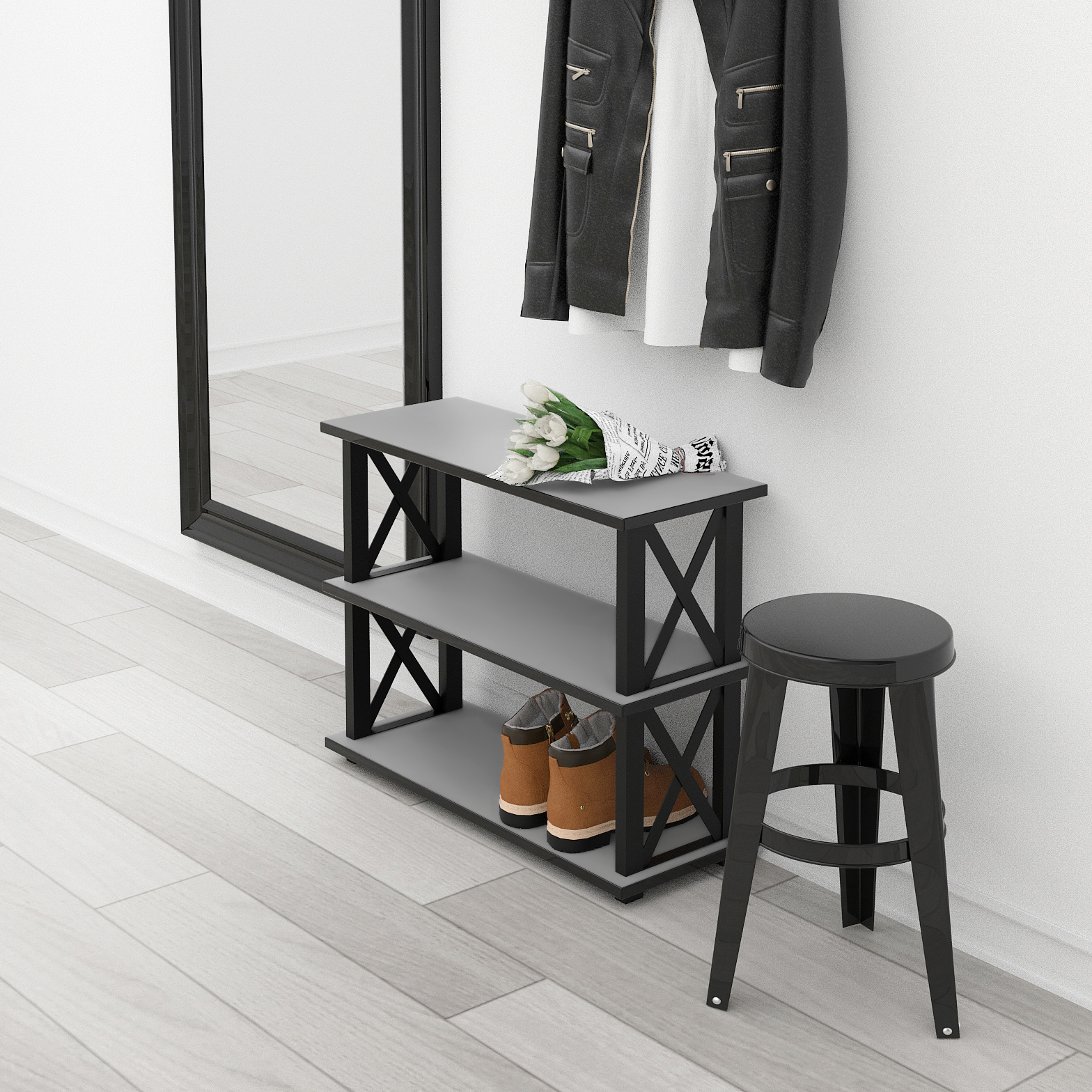 Изображение товара Этажерка для обуви Make mebel 60x49x25 см 3 полки металл цвет серый черный Обувница Лофт 600x250x490 9005 муар Серый Вулканический Л Изображение товара Этажерка для обуви Make mebel 60x49x25 см 3 полки металл цвет серый черный Обувница Лофт 600x250x490 9005 муар Серый Вулканический Л