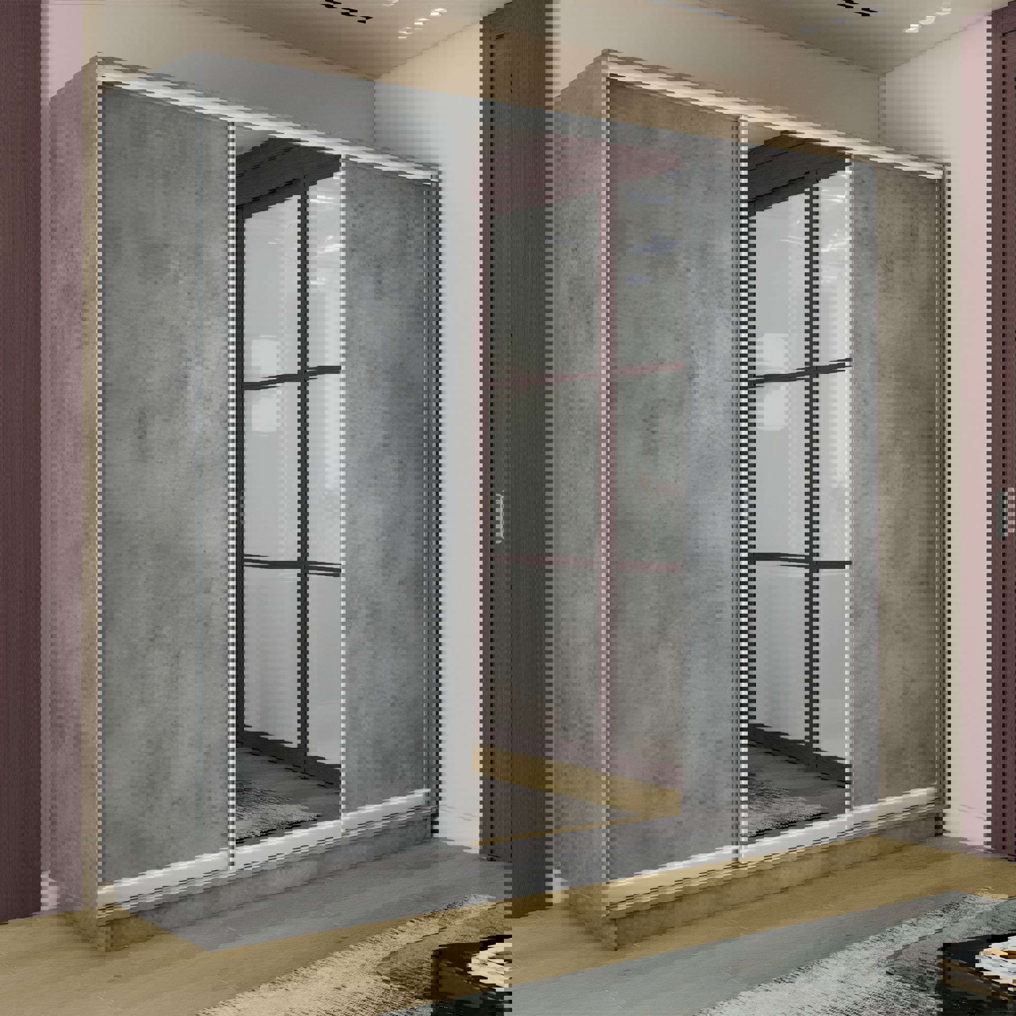 Изображение товара Шкаф-купе Мебельная Компания Е1 3 дверный 220x240x45 см зеркало 9 полок ЛДСП цвет бетон 45emt1_240_bt