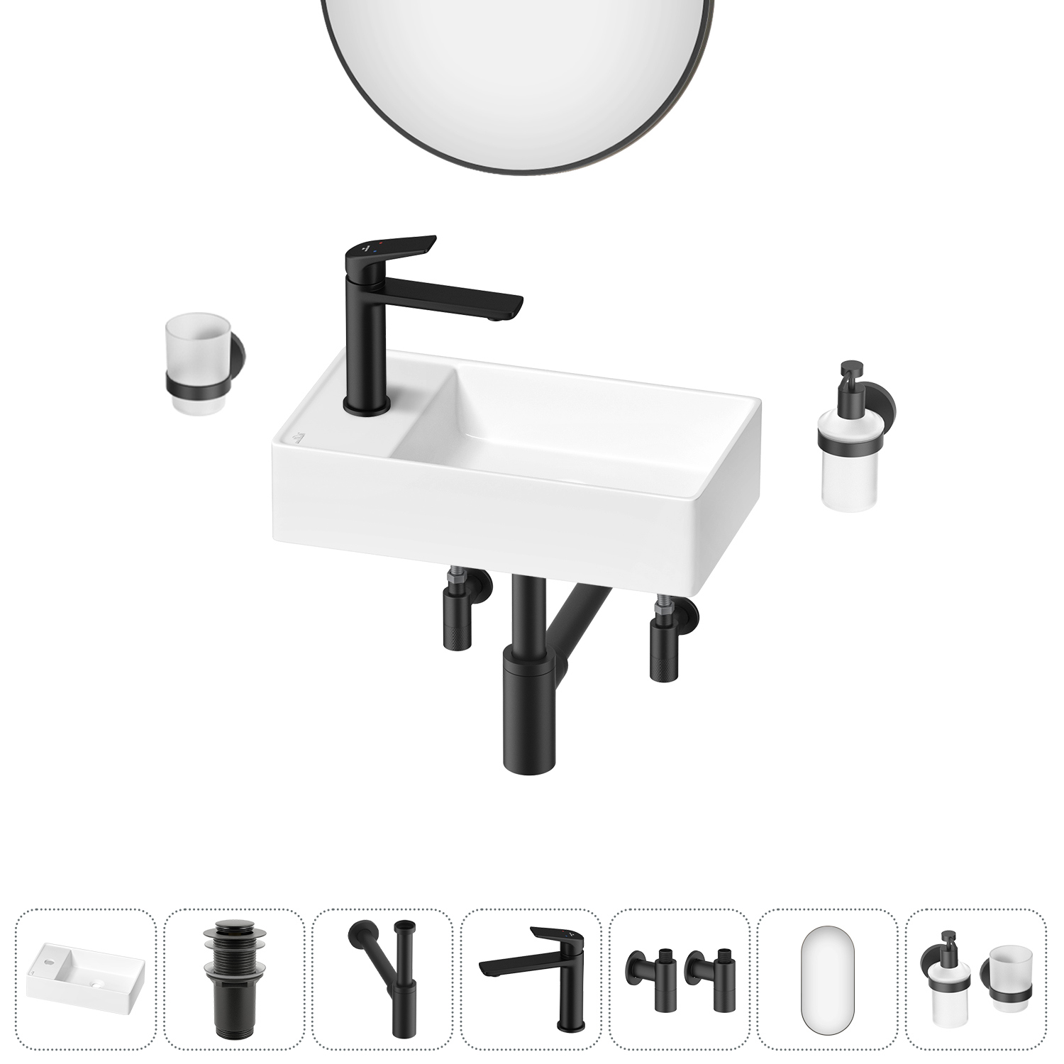 Изображение товара Раковина мини Wellsee WC Area 41 см комплект 7 в 1 с аксессуарами и монтажом