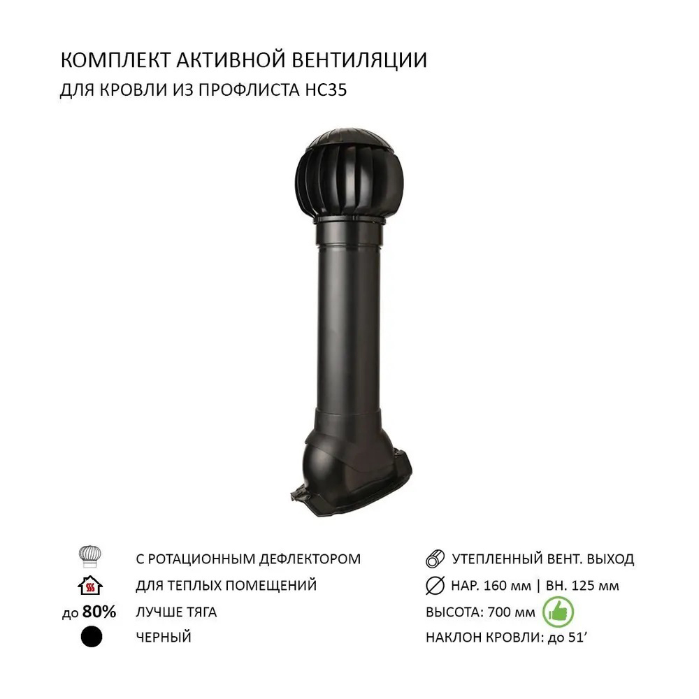 Изображение товара Нанодефлектор ND160 с утепленным выходом Н700 для профнастила 35 мм черный