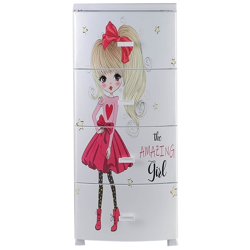 Изображение товара Комод Росспласт Красотка 4 ящика из пластика белый/розовый для детской комнаты