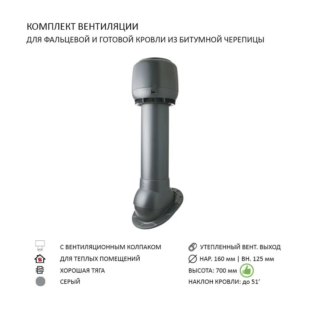 Изображение товара Колпак Polivent D160 с вентиляционным выходом утепленный H700 для скатной кровли цвет серый