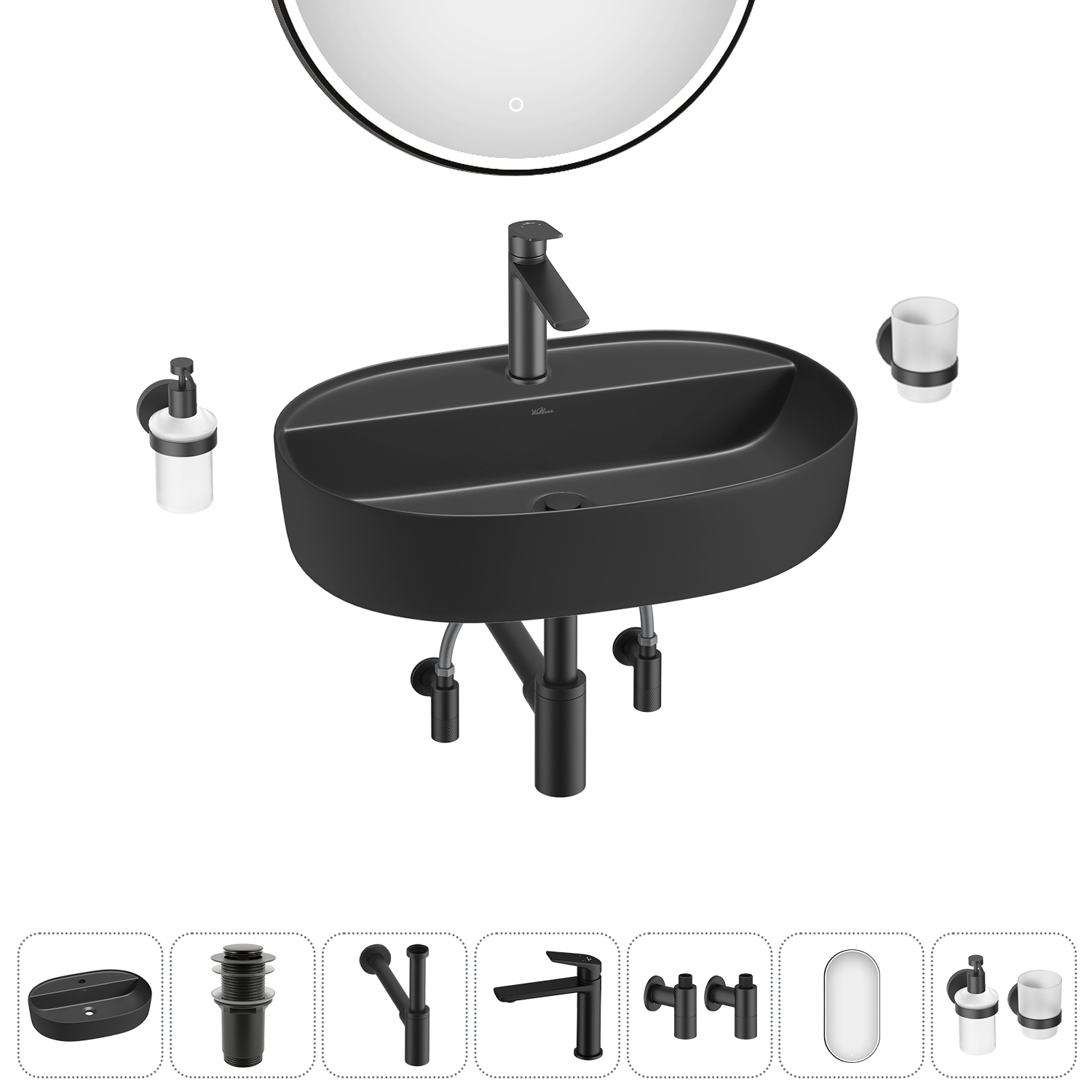 Изображение товара Раковина накладная Wellsee Chic Riviera 50см комплект 7 в 1 Черная