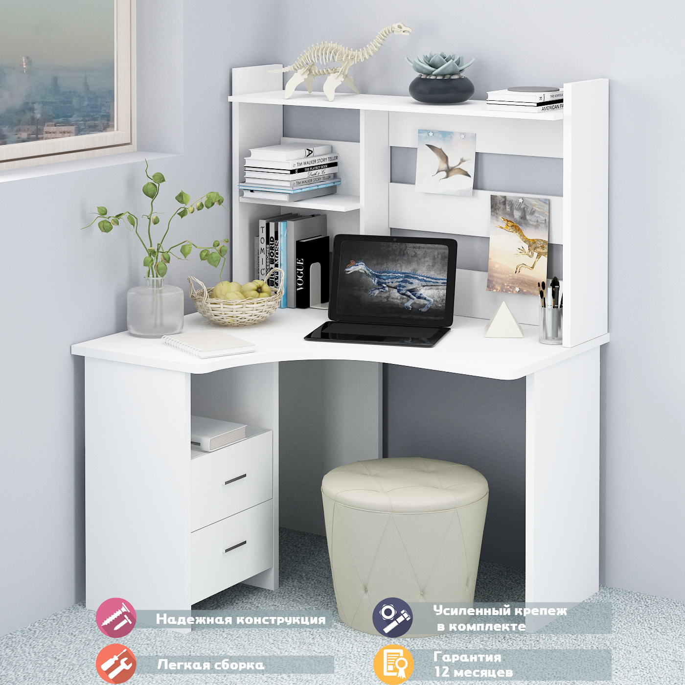 Изображение товара Стол Мэрдэс СКЛ-Угл120+НКЛ-120 БЕ ЛЕВ белый угловой для дома и офиса