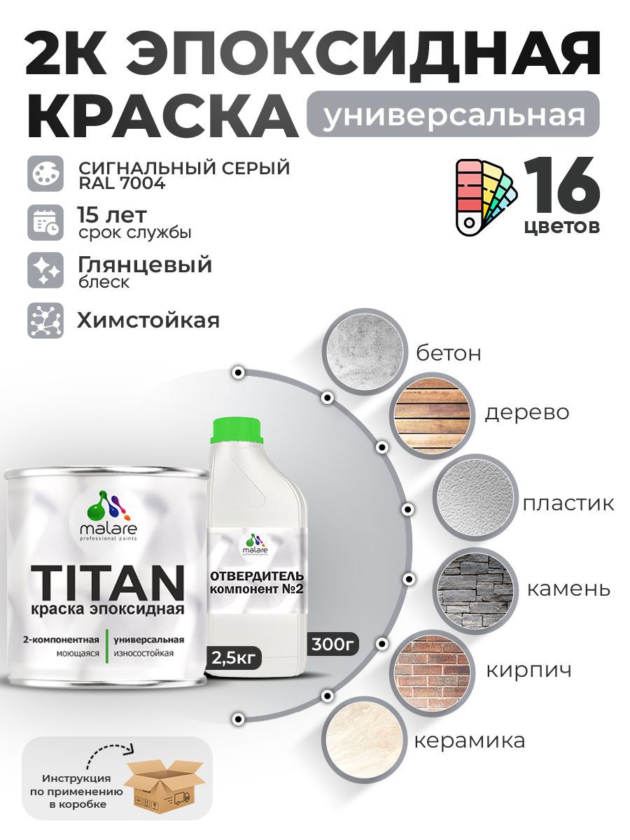 Изображение товара Краска эпоксидная двухкомпонентная Malare Titan высокопрочная глянцевая цвет RAL 7004 сигнальный серый 2.5 кг отвердитель 0.3 кг Изображение товара Краска эпоксидная двухкомпонентная Malare Titan высокопрочная глянцевая цвет RAL 7004 сигнальный серый 2.5 кг отвердитель 0.3 кг