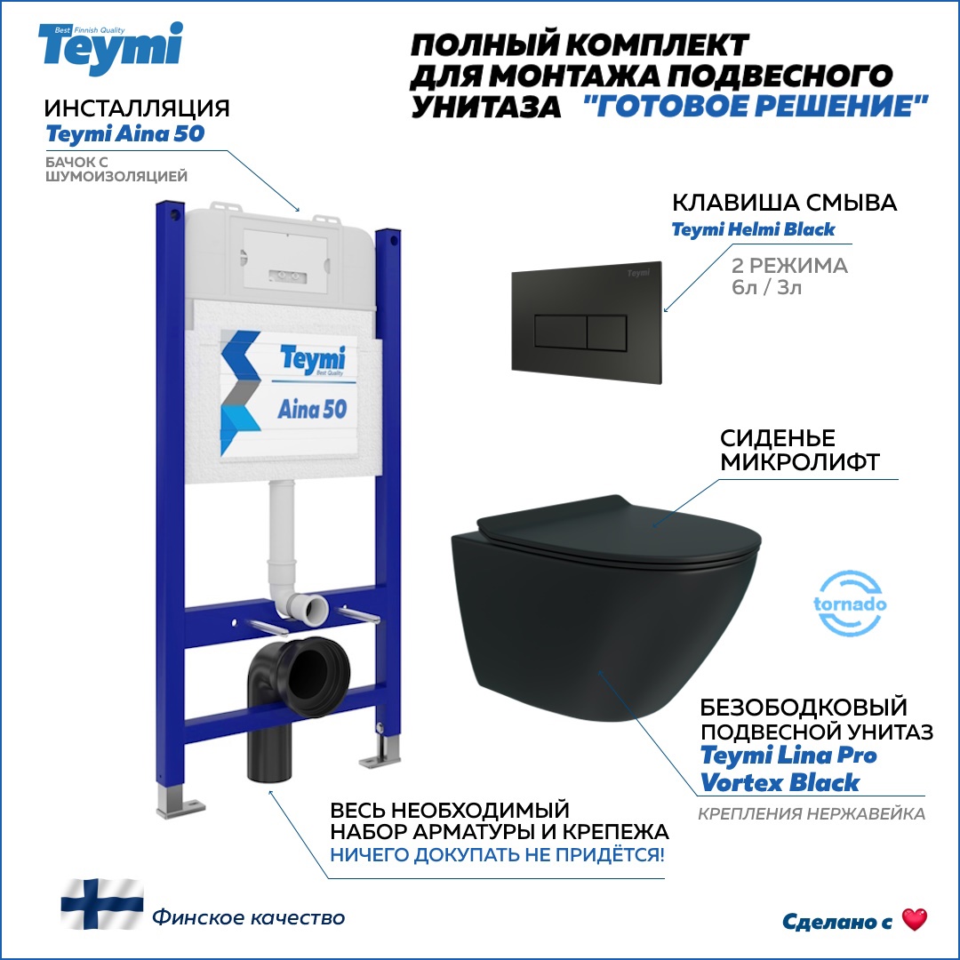 Изображение товара Инсталляция с унитазом 5 в 1 Teymi F14982 подвесной черный безободковый