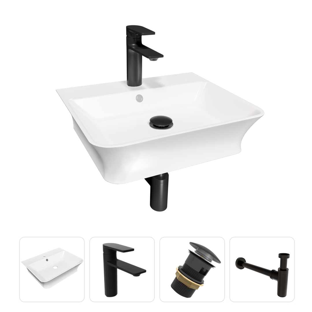 Изображение товара Комплект Teymi 4 в 1: раковина Aina 49 смеситель Ellie, черный матовый донный клапан с переливом сифон F13120