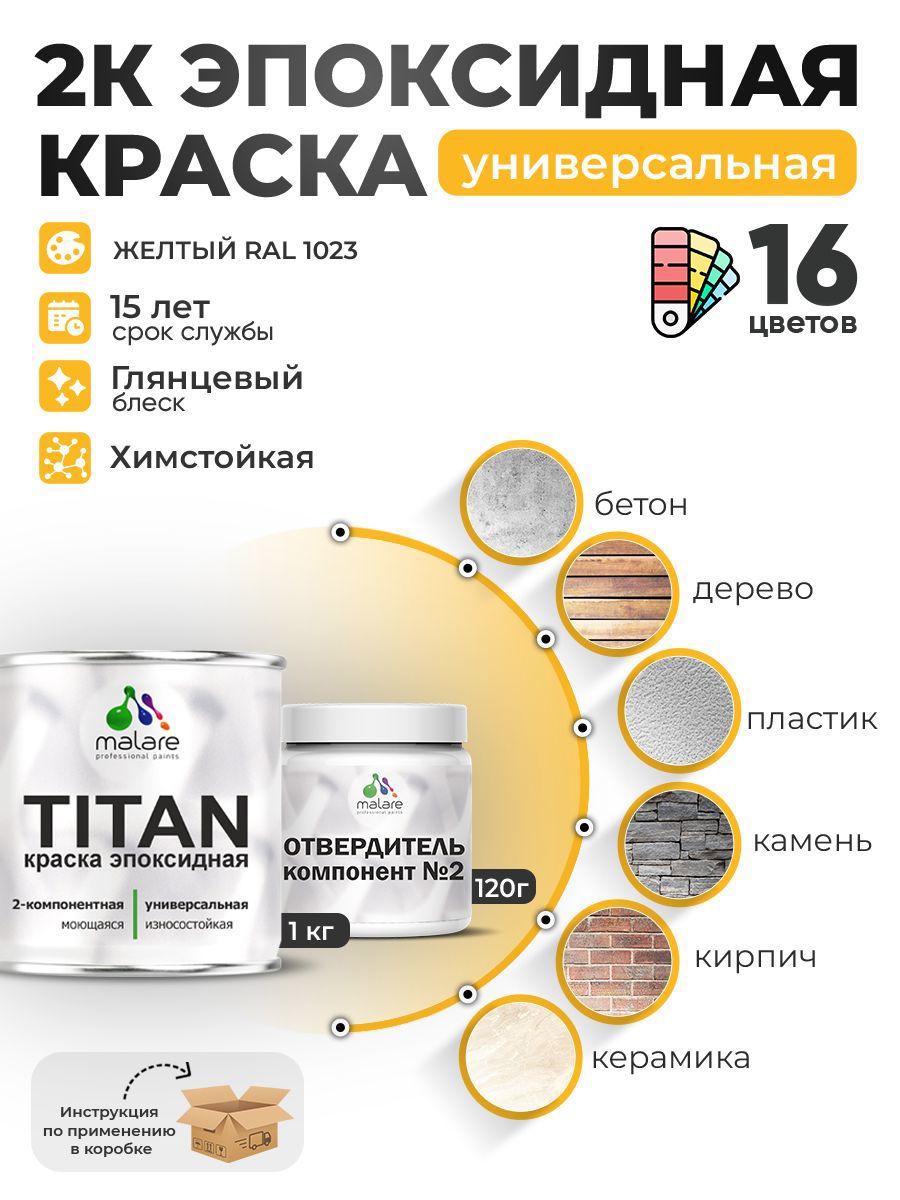 Изображение товара Краска эпоксидная двухкомпонентная Malare Titan высокопрочная глянцевая цвет RAL 1023 желтый 1 кг отвердитель 0.12 кг
