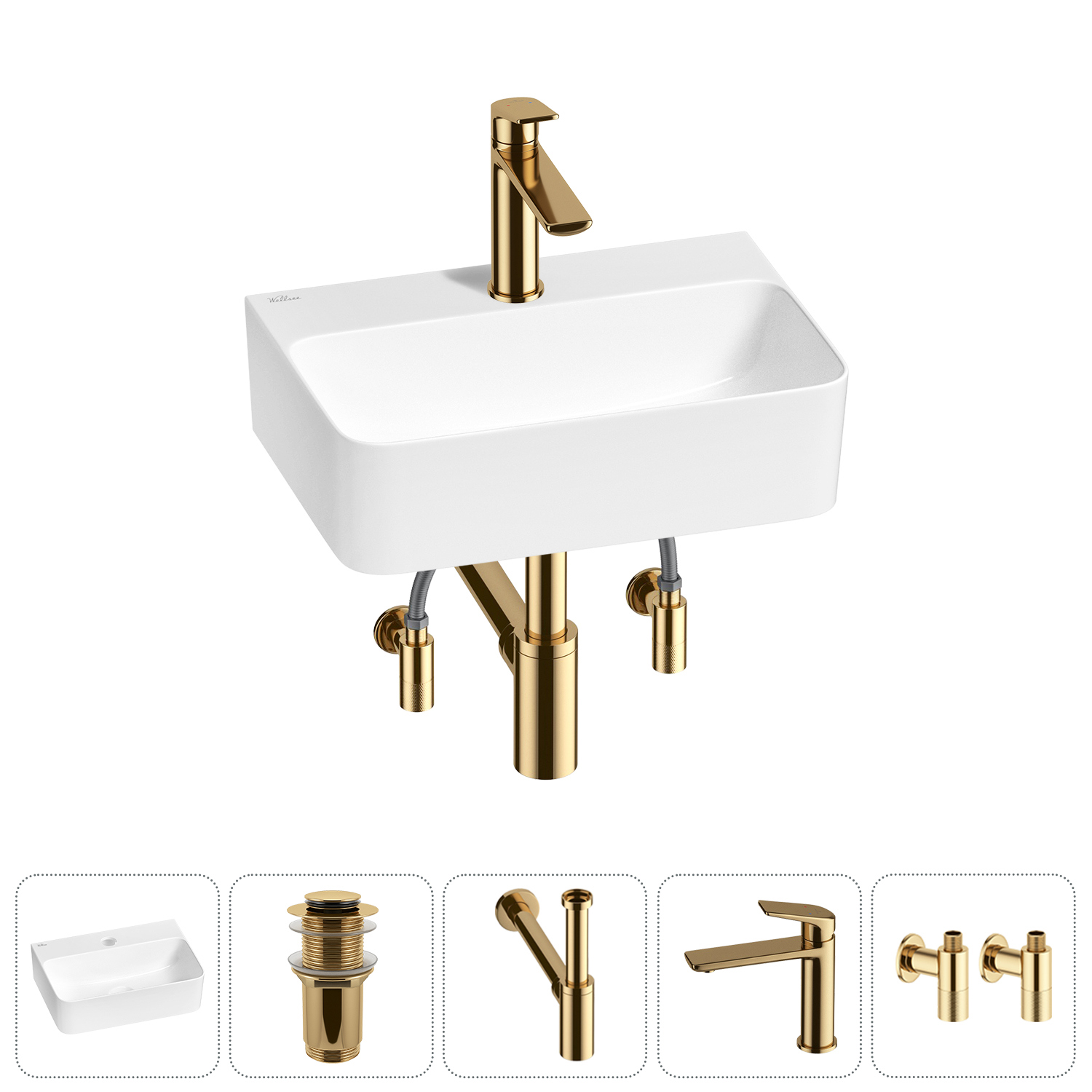 Изображение товара Раковина мини Wellsee WC Area 37см с донный клапаном сифоном смесителем и вентилем 20213608R