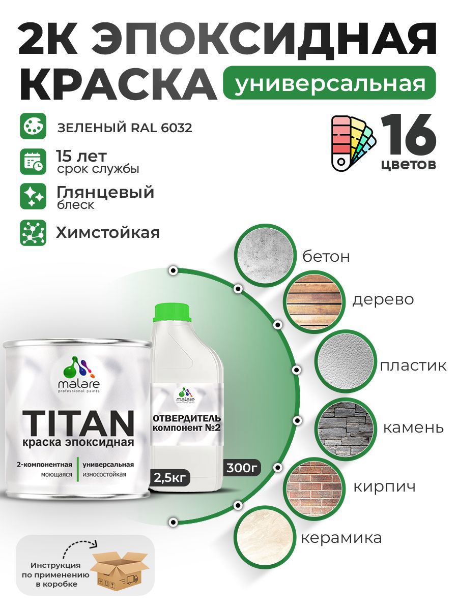 Изображение товара Краска эпоксидная двухкомпонентная Malare Titan высокопрочная глянцевая цвет RAL 6032 зеленый 2.5 кг отвердитель 0.3 кг