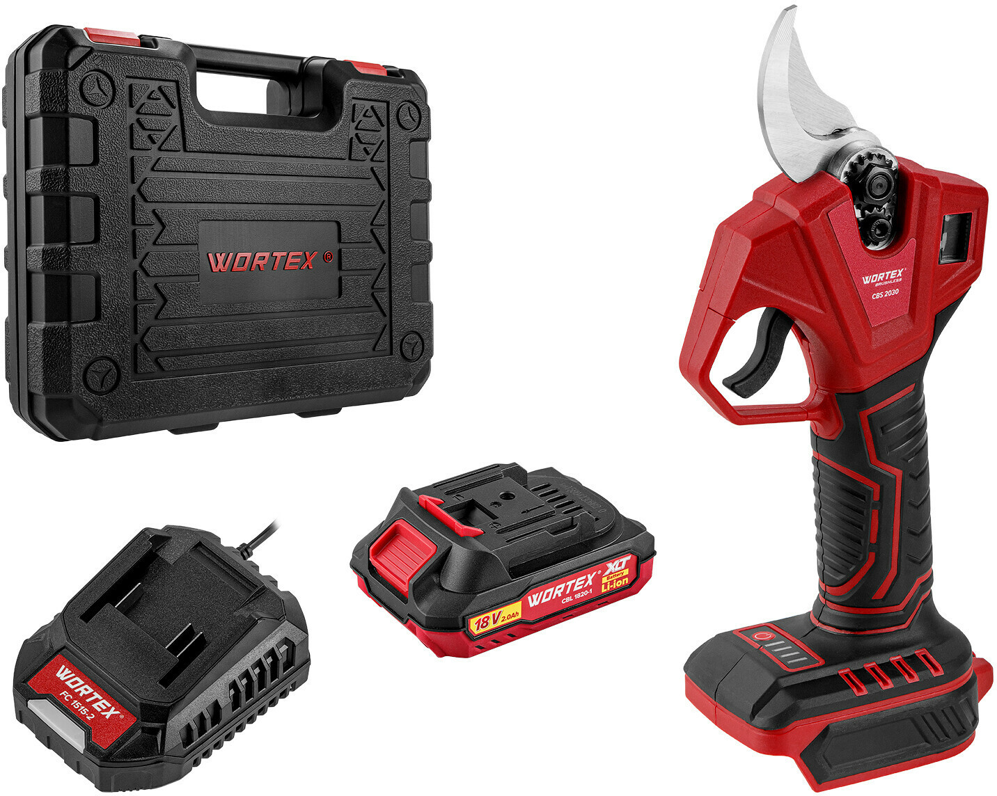 Изображение товара Аккумуляторный секатор Wortex CBS 2030 18 В 28 мм с дисплеем и набором
