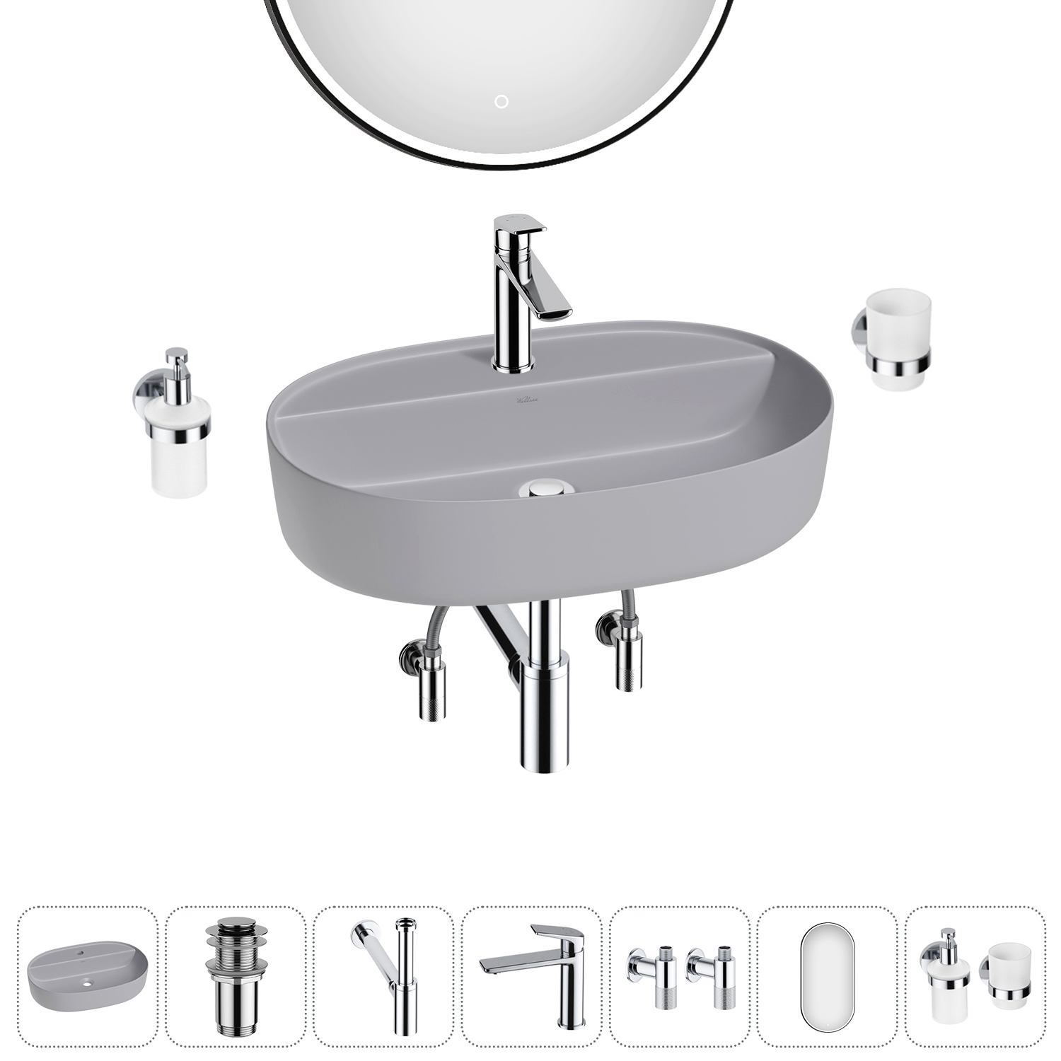 Изображение товара Раковина накладная Wellsee Chic Riviera 60см комплект 7 в 1 современный дизайн