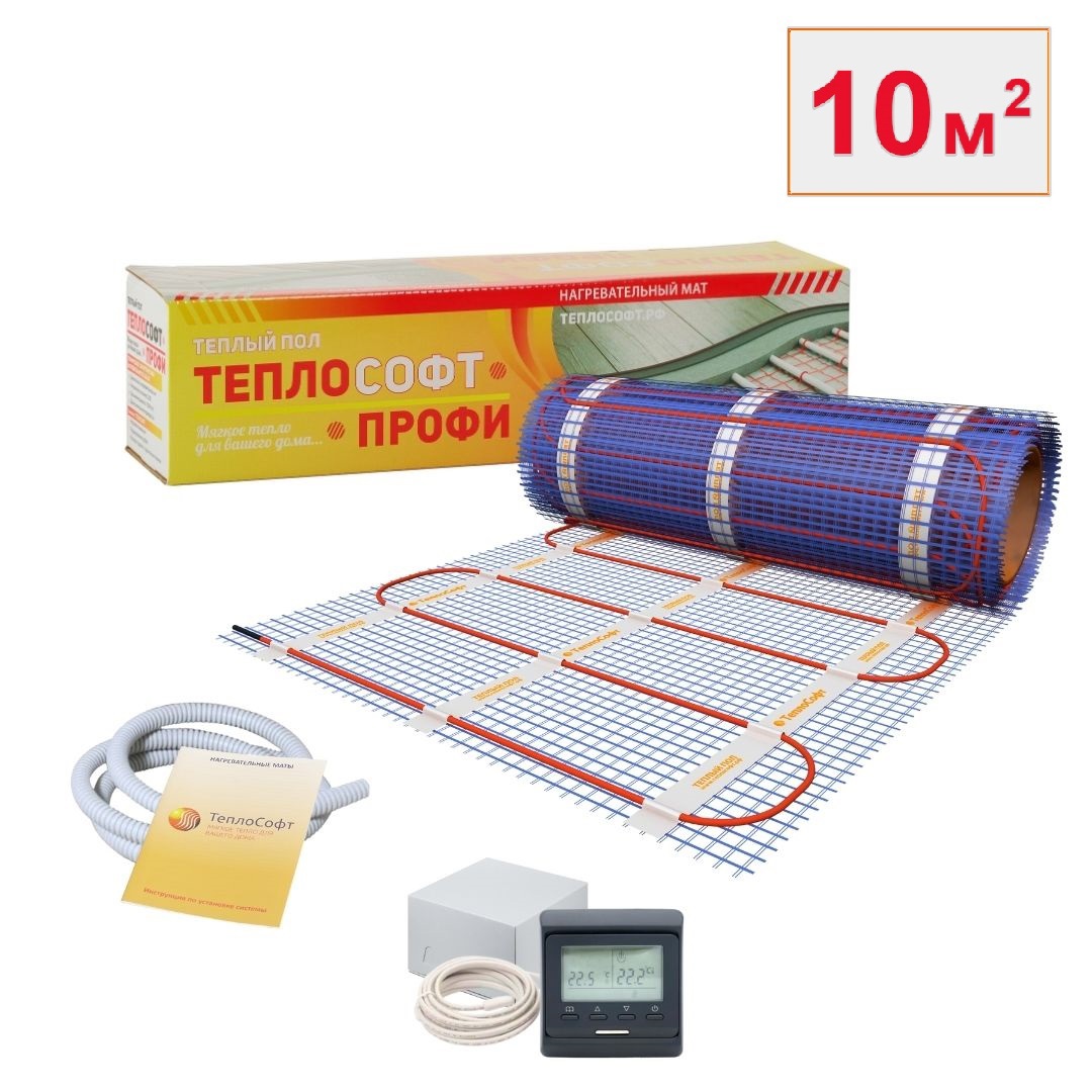 Изображение товара Нагревательный мат для теплого пола Теплософт 10 м² 1500 Вт с электронным терморегулятором черного цвета