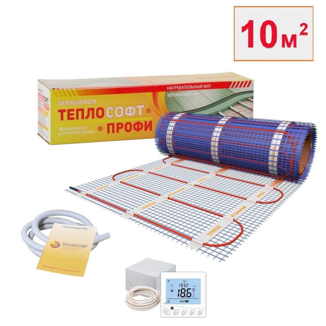 Изображение товара Нагревательный мат для теплого пола Теплософт 10 м² 1500 Вт с Wi-fi терморегулятором W350