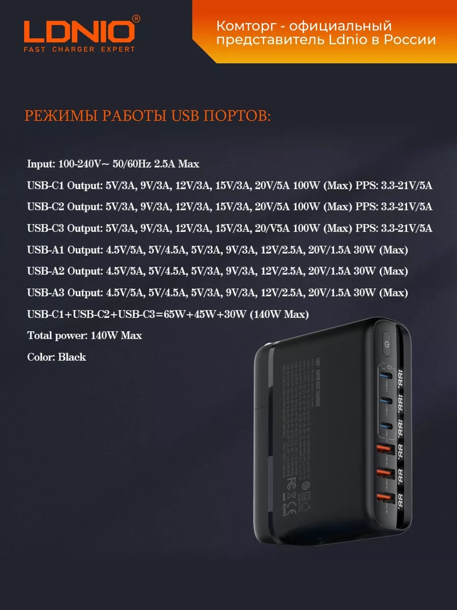 Изображение товара Зарядное устройство LDNIO A6140C/Gan 100W с 6 USB и дисплеем Изображение товара Зарядное устройство LDNIO A6140C/Gan 100W с 6 USB и дисплеем