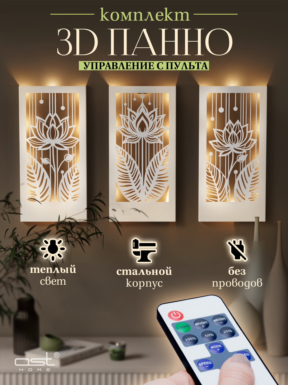 Изображение товара Панно с подсветкой Ost Лотос W 054016w-rc — 3 шт, 40×20 см, белый