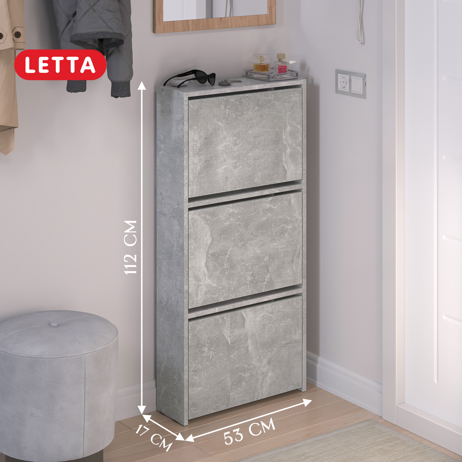 Изображение товара Шкаф для обуви Letta 53.2x112.2x17 см, узкий, закрытый, бетон