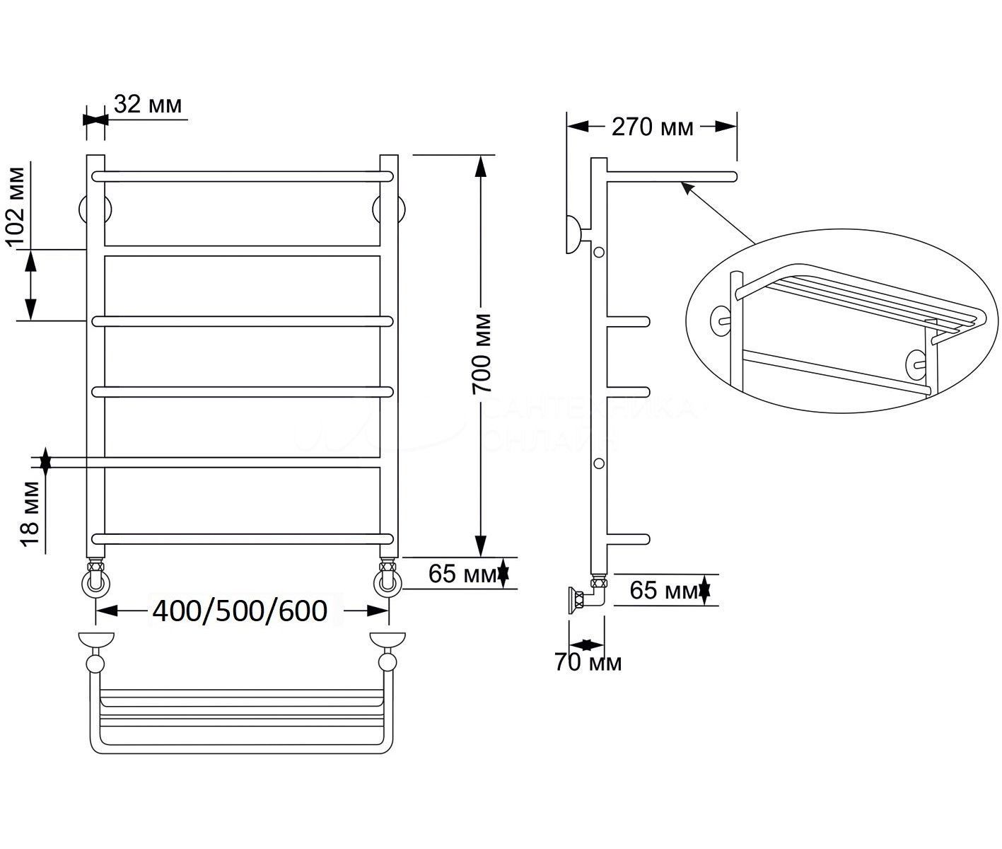 Изображение товара Полотенцесушитель водяной лесенка Secado Верона 2 600x500 мм универсальная подводка латунь цвет бронза