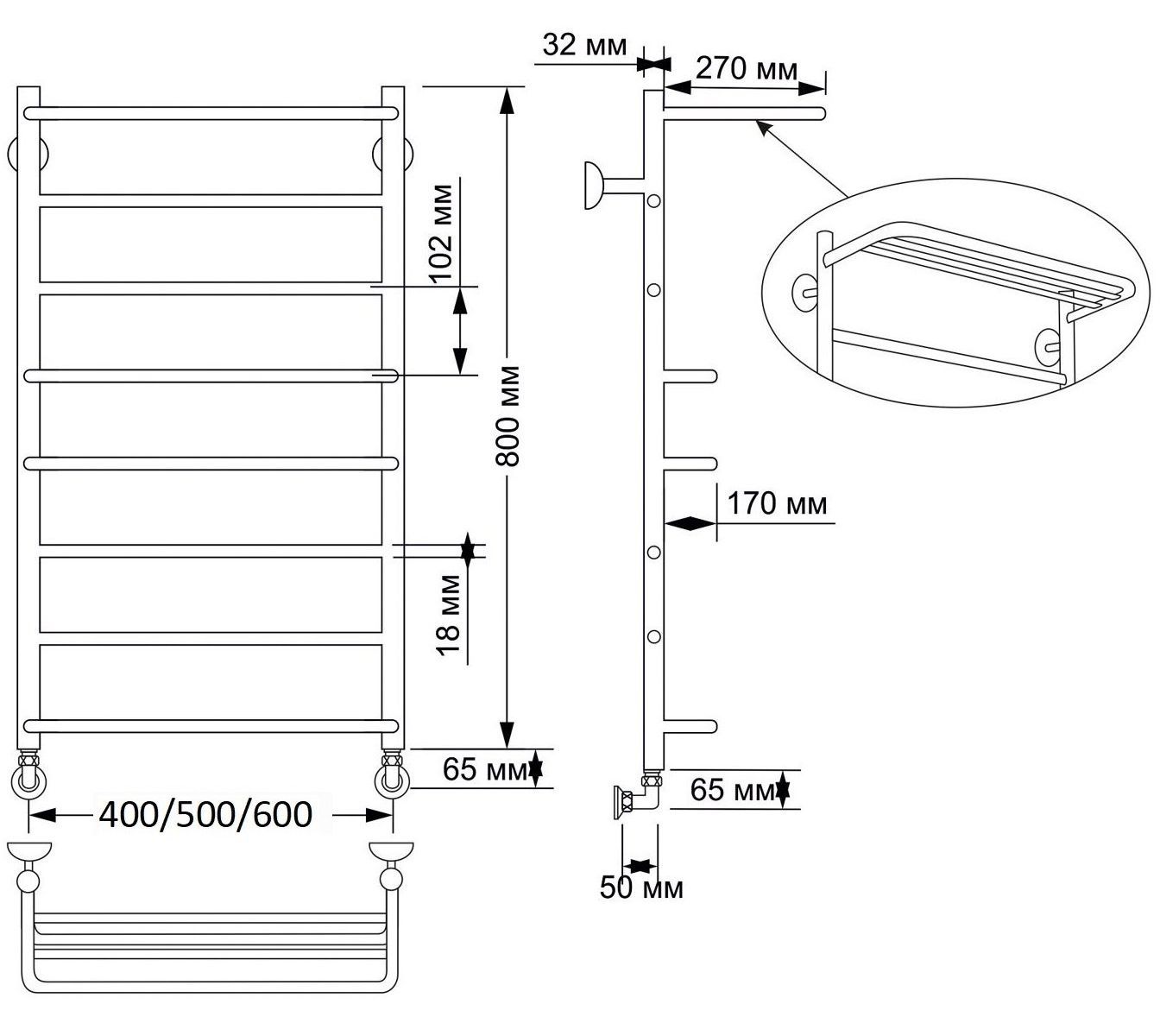 Изображение товара Полотенцесушитель водяной Secado Верона 2 800x500 мм латунь бронза универсальный