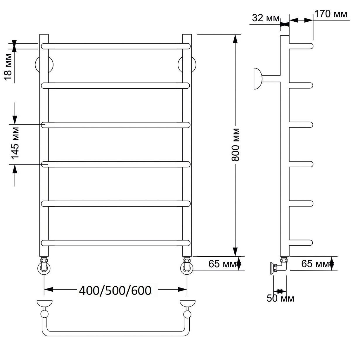 Изображение товара Полотенцесушитель водяной лесенка Secado Мерида 1 800x400 мм универсальная подводка латунь цвет бронза