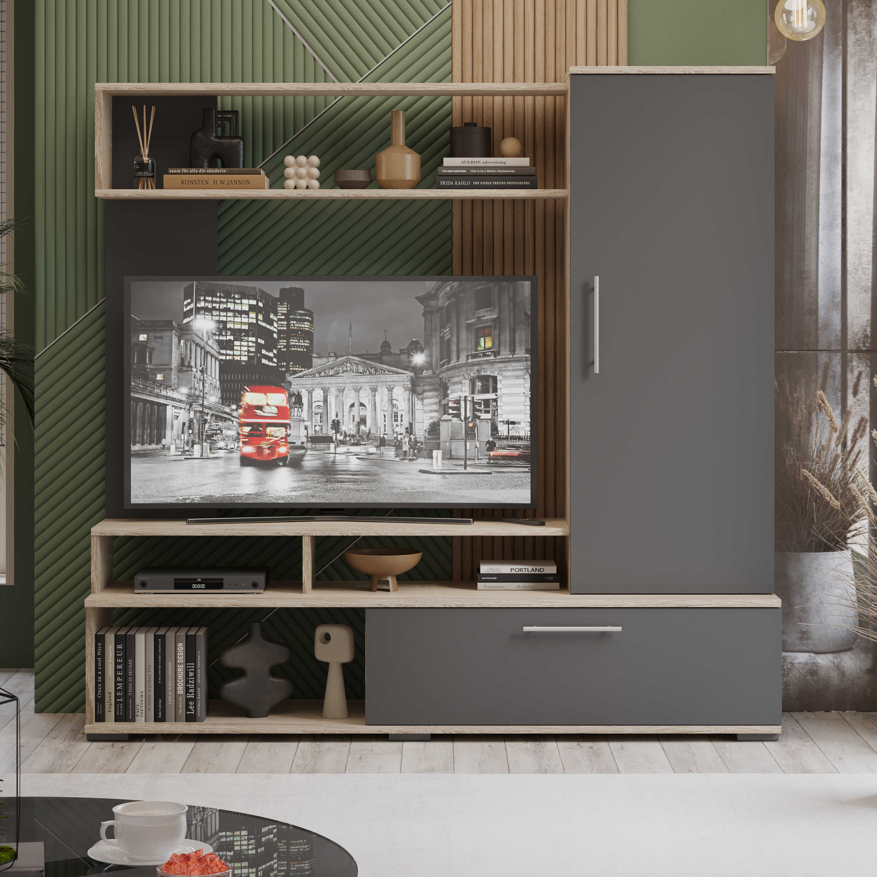 Изображение товара Тумба под телевизор Трия 210411 150x147x37 см в цвете графит и дуб сонома