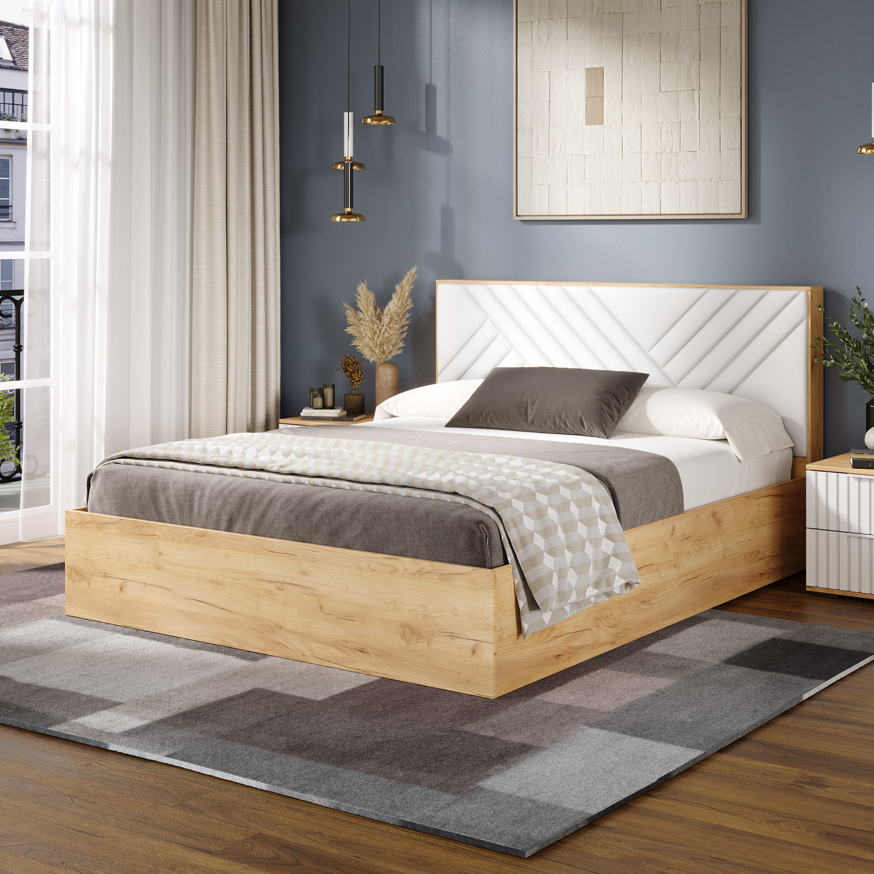 Изображение товара Кровать Трия Хилтон 160x200 см ЛДСП белый/дуб крафт с подъемным механизмом