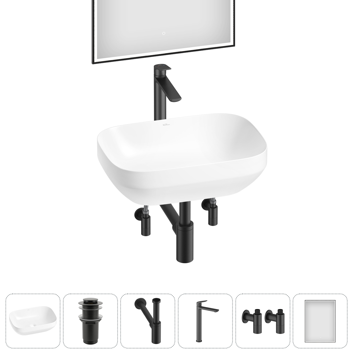 Изображение товара Раковина Wellsee air gap s 20218872R 50см цвет раковина 6 в 1: д/к, сифон, смеситель, вентили, зеркало