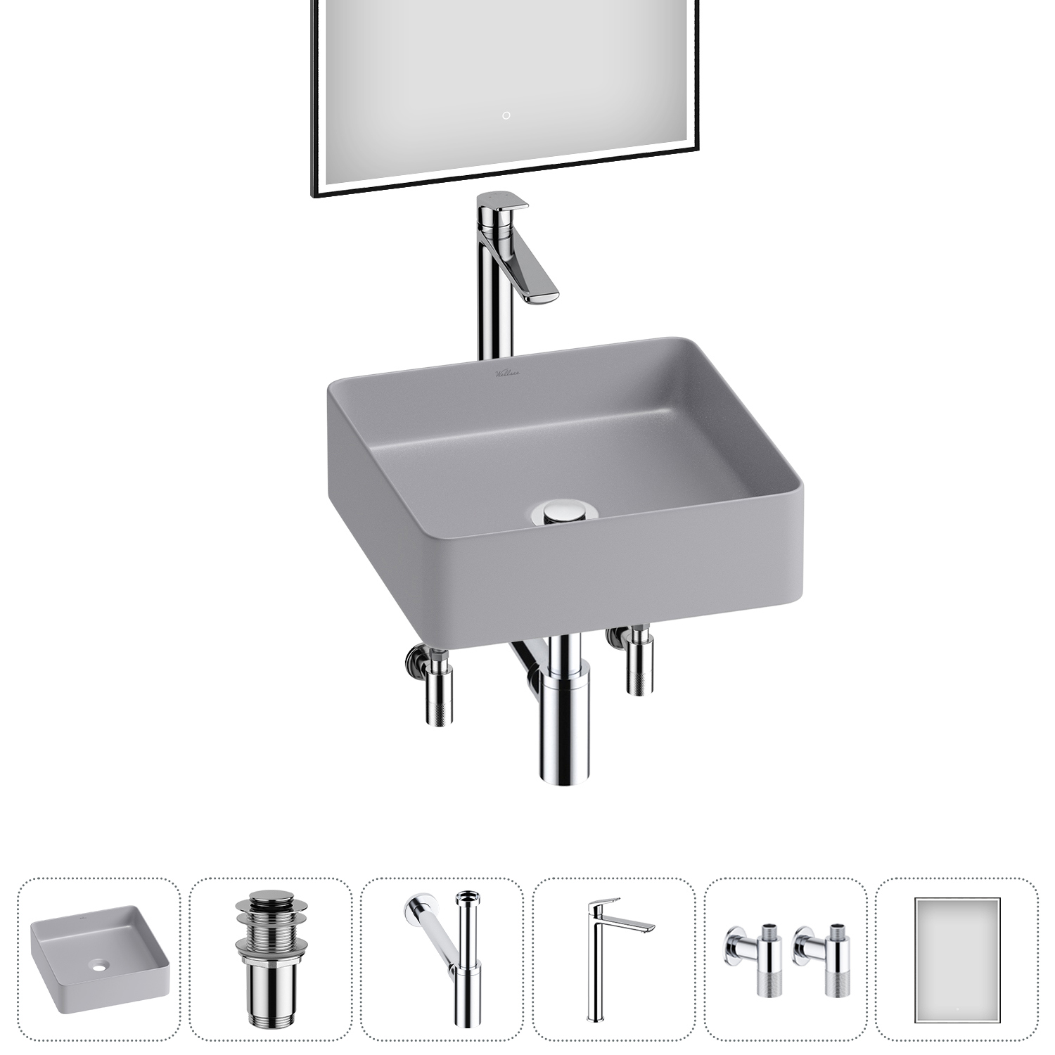 Изображение товара Раковина Wellsee Freedom 2.0 30см с комплектом 6 в 1 и зеркалом серый
