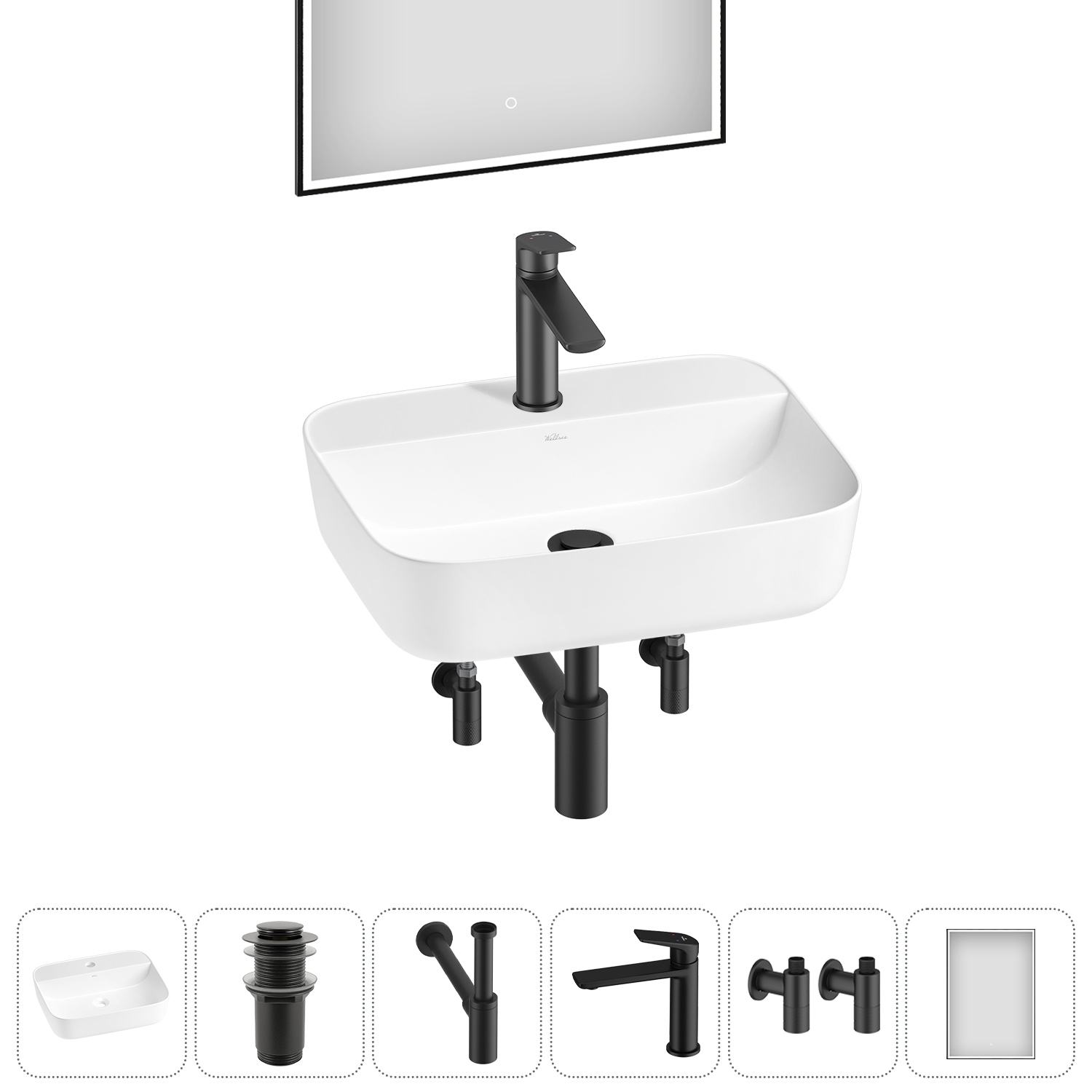 Изображение товара Раковина Wellsee preen 20218334R 50см цвет раковина 6 в 1: д/к, сифон, смеситель, вентили, зеркало