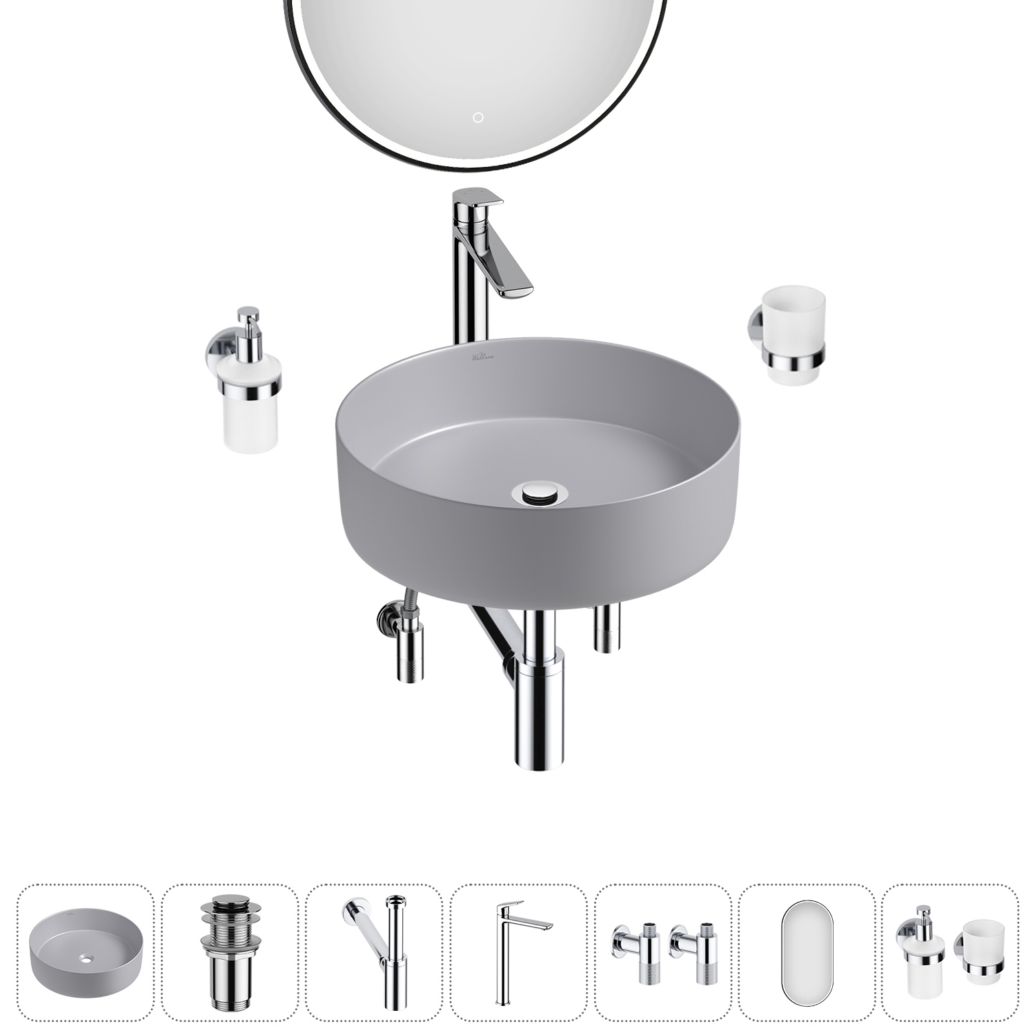 Изображение товара Раковина Wellsee coax 20218238R 36см цвет раковина 7 в 1: д/к, сифон, смеситель, вентили, зеркало, аксессуары